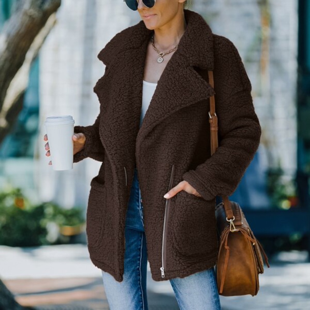 Cozy Brown Wide Collar Teddy Jacket Coat Oversized - Picture 1 of 16